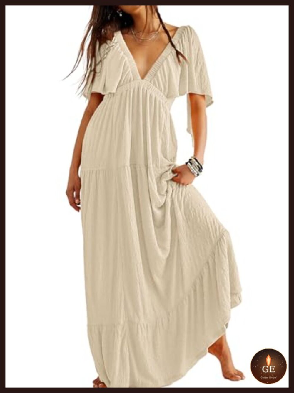 Sexy V-Neck Maxi Dress Flutter Sleeve Backless Elastic Waist Flowy Maternity